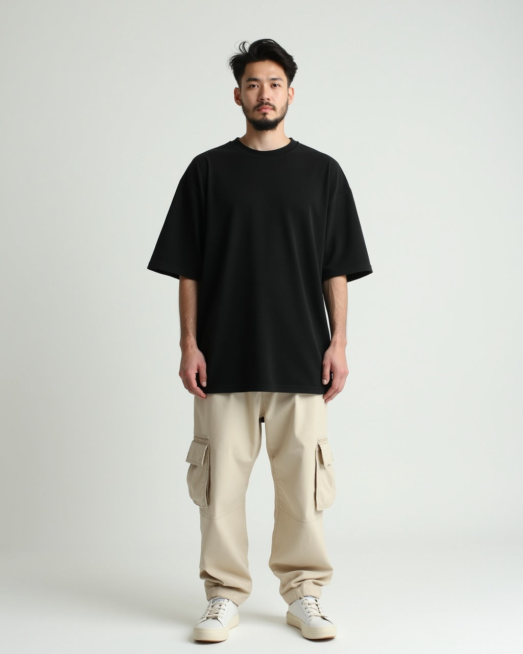 Close-up of premium 240GSM cotton fabric of Black Classic Oversized T-Shirt by Opium Valley