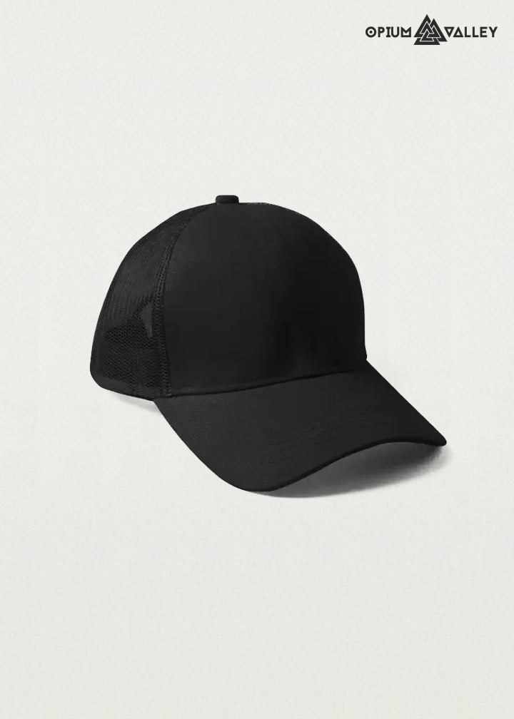 Black psychedelic trucker cap with breathable mesh back and snapback closure – Opiumvalley streetwear headwear.
