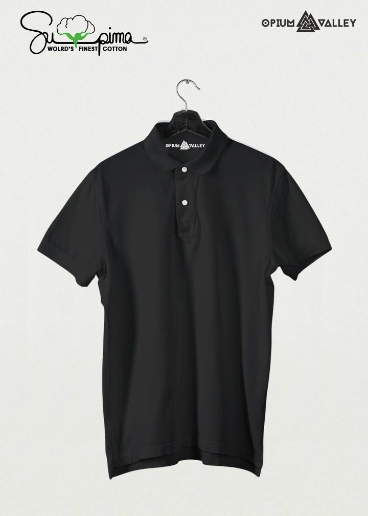 Black mercerised cotton polo shirt for men – premium quality, ultra-soft, luxurious finish, perfect smart casual wear by Opium Valley
