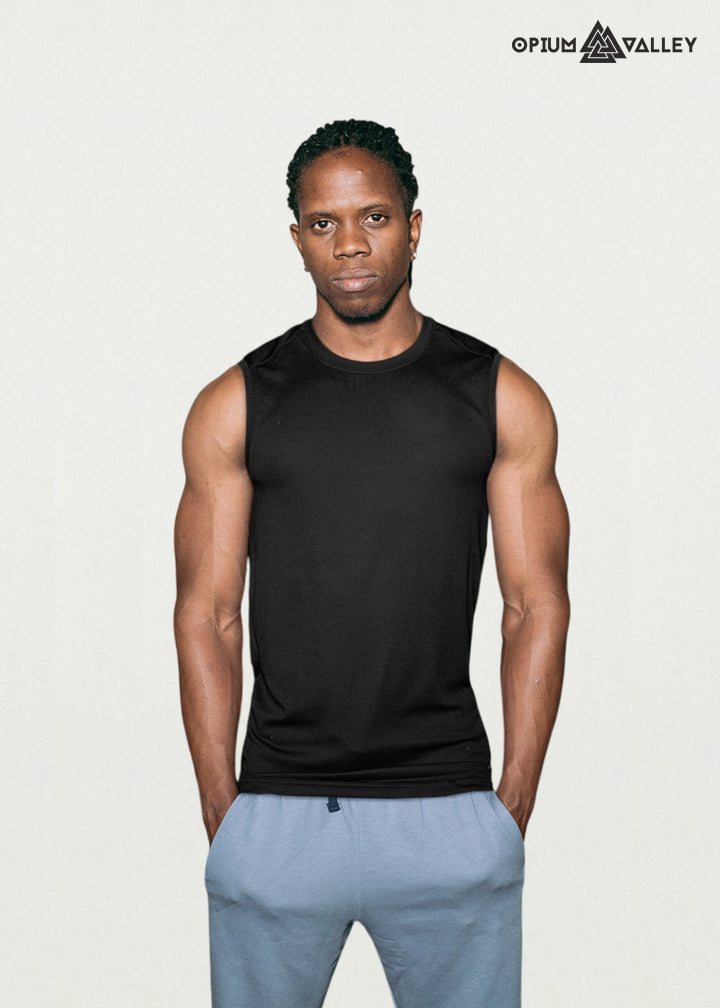 Black sleeveless gym vest for men, premium 180 GSM cotton tank top, workout muscle tee by Opiumvalley
