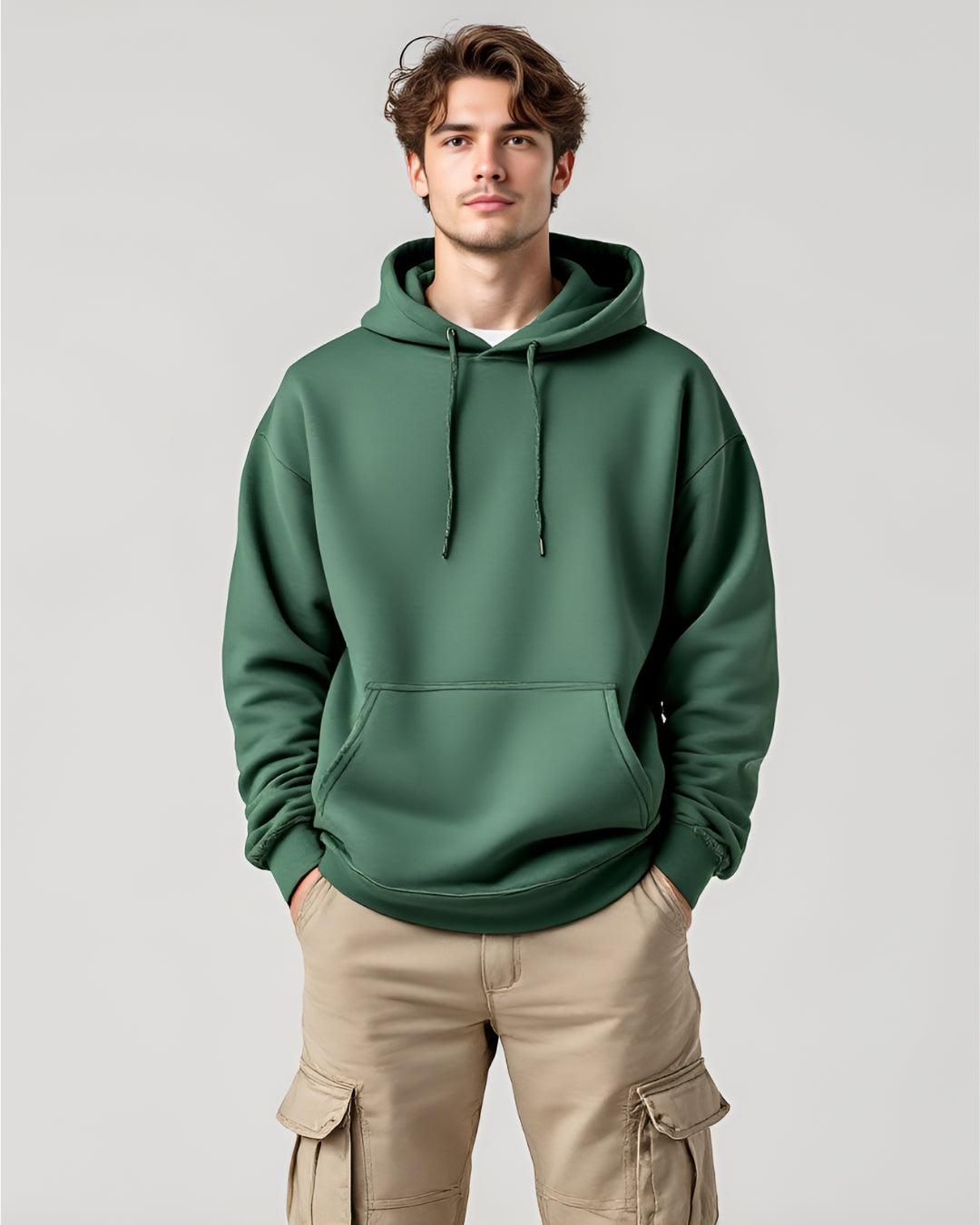 "Sleek Bottle Green oversized hoodie with full sleeves and high neck, made from premium 400 GSM heavyweight cotton blend for ultimate comfort and style."