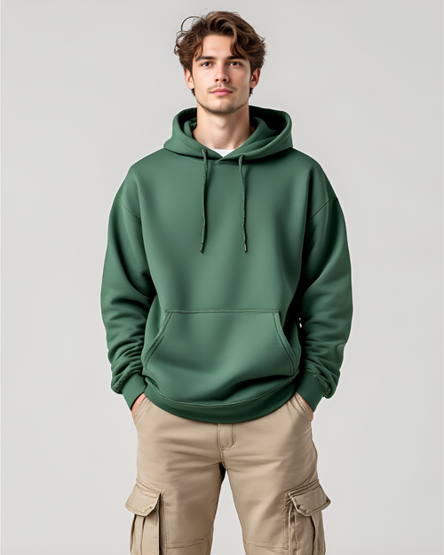 "Sleek Bottle Green oversized hoodie with full sleeves and high neck, made from premium 400 GSM heavyweight cotton blend for ultimate comfort and style."