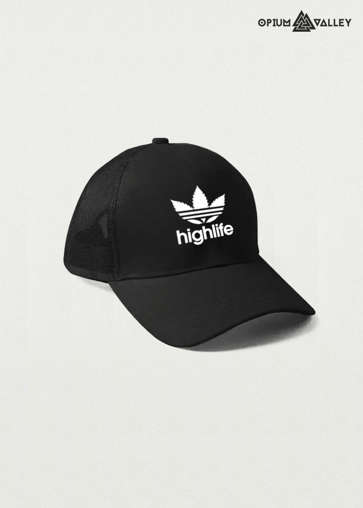 Highlife black trucker cap with cannabis leaf graphic and mesh back – psychedelic streetwear snapback by Opiumvalley.