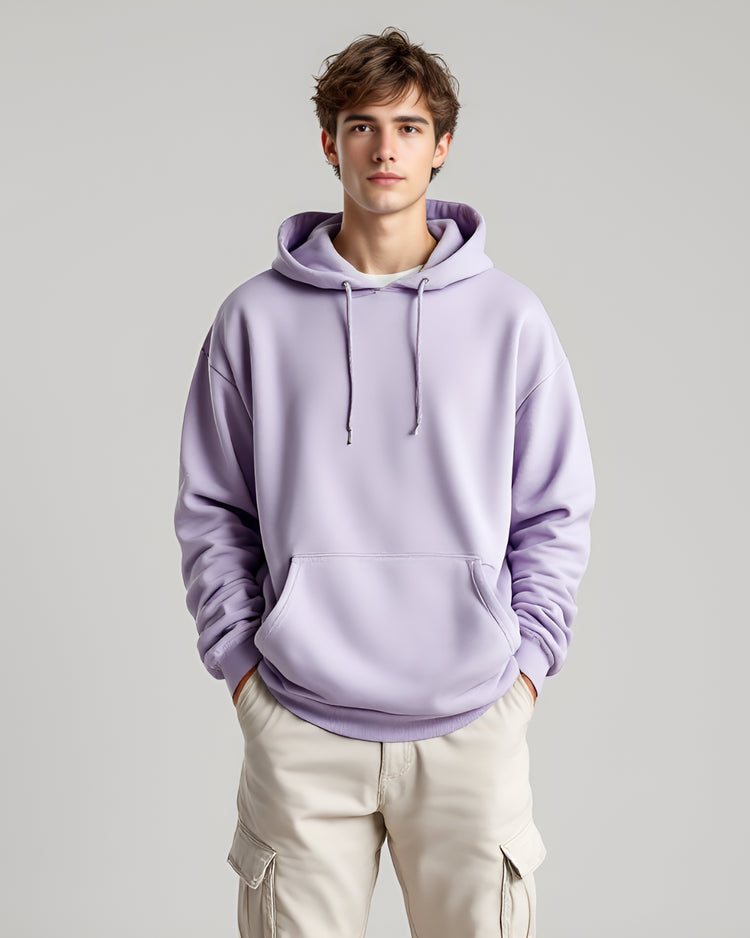 Unisex Lavender oversized hoodie with 400 GSM fabric, high neck, and full sleeves, offering a perfect mix of warmth, comfort, and style
