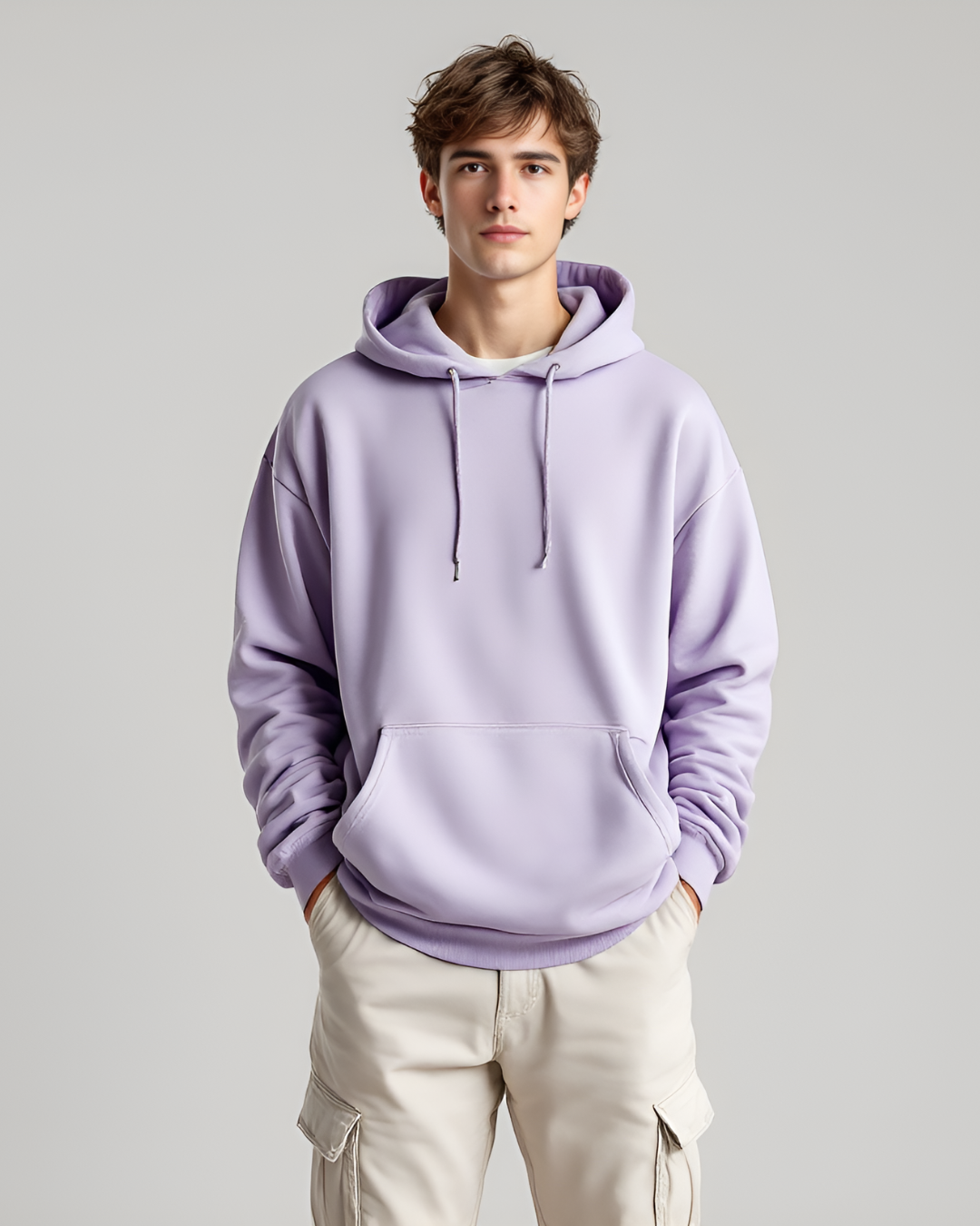 Unisex Lavender oversized hoodie with 400 GSM fabric, high neck, and full sleeves, offering a perfect mix of warmth, comfort, and style