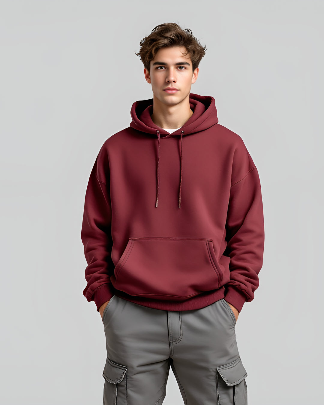 Versatile Maroon oversized hoodie for men and women, featuring a high neck and durable 400 GSM heavyweight fabric, perfect for streetwear.