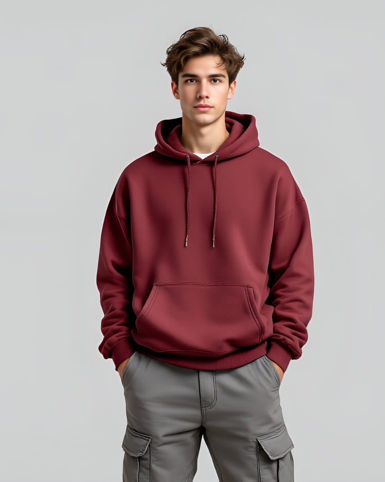 Versatile Maroon oversized hoodie for men and women, featuring a high neck and durable 400 GSM heavyweight fabric, perfect for streetwear.