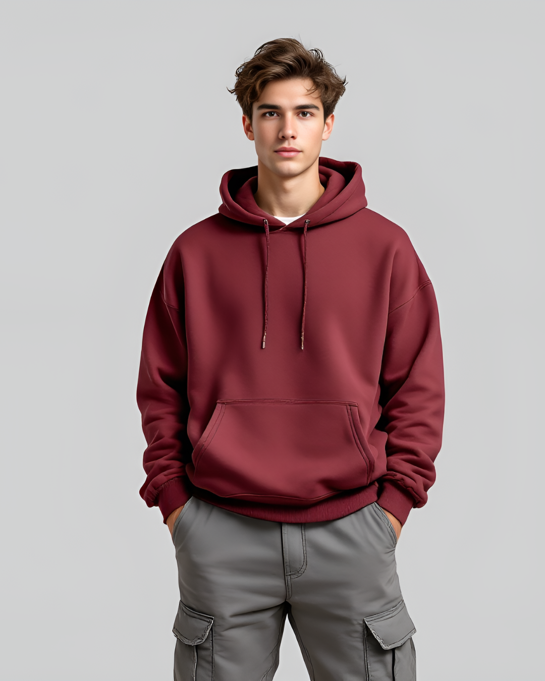 Versatile Maroon oversized hoodie for men and women, featuring a high neck and durable 400 GSM heavyweight fabric, perfect for streetwear.
