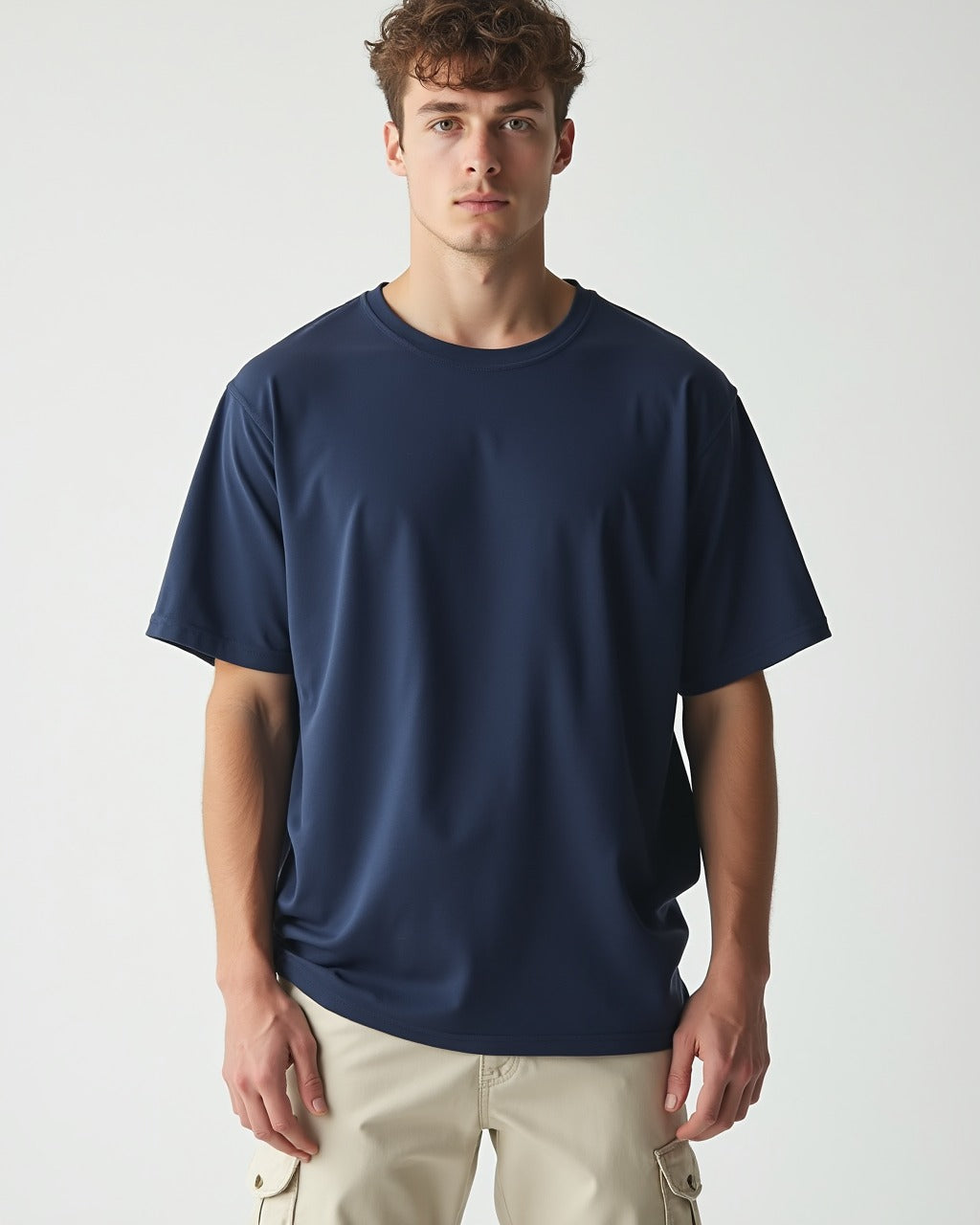 Close-up of Navy Blue Oversized T-Shirt fabric - premium 240GSM cotton texture