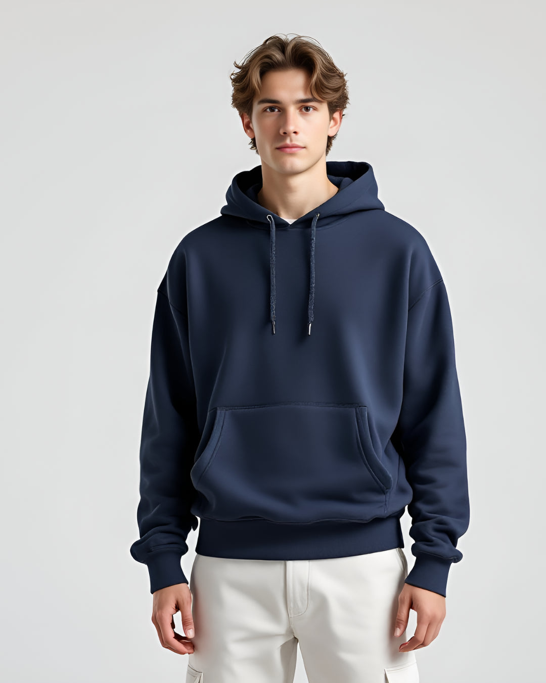 Heavyweight navy blue oversized hoodie, 400 GSM fabric, full sleeves, and high neck design, ideal for casual outings or trendy streetwear looks.