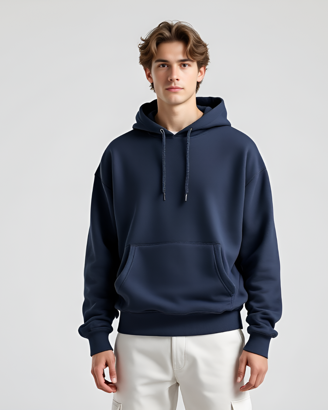 Heavyweight navy blue oversized hoodie, 400 GSM fabric, full sleeves, and high neck design, ideal for casual outings or trendy streetwear looks.