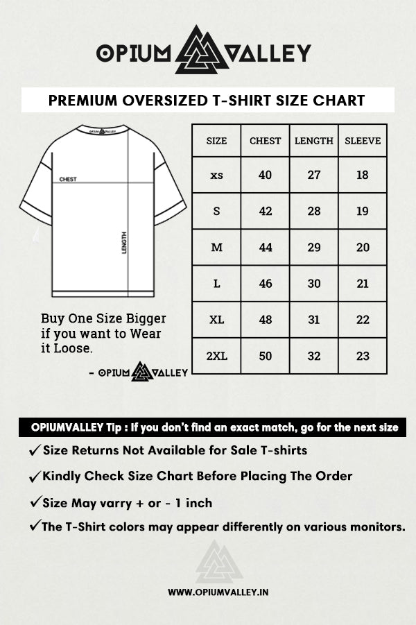 Oversized T-shirts size chart – detailed size guide for relaxed fit streetwear tees available at Opiumvalley.in