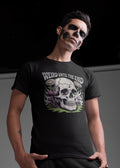 Oversized black psychedelic skull t-shirt with “Weird Until The End” text, featuring trippy mushroom and floral graphic design – unisex gothic streetwear for men and women from Opium Valley.
