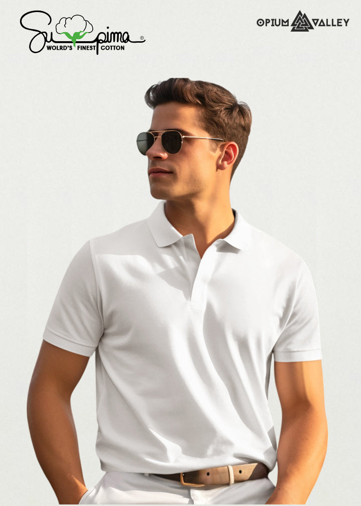 Premium white mercerised cotton polo shirt for men – premium quality, ultra-soft, breathable, perfect smart casual wear by Opium Valley