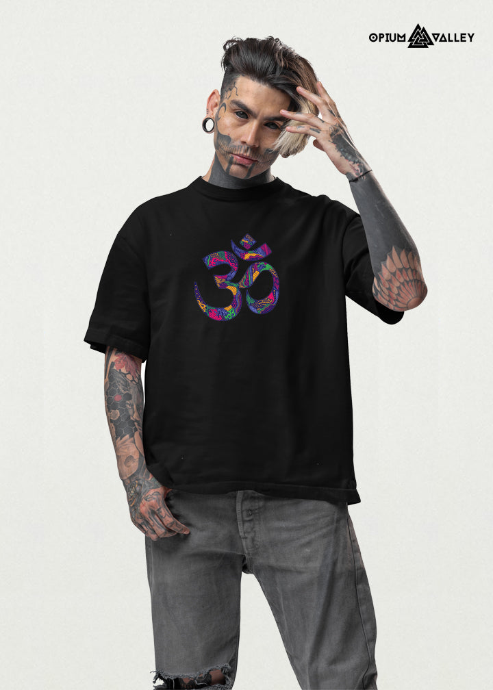 Psychedelic Om oversized T-shirt with trippy spiritual flower design, unisex streetwear from Opiumvalley India
