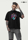 Psychedelic floral skull printed oversized black T-shirt with colorful trippy design, unisex streetwear from Opiumvalley India