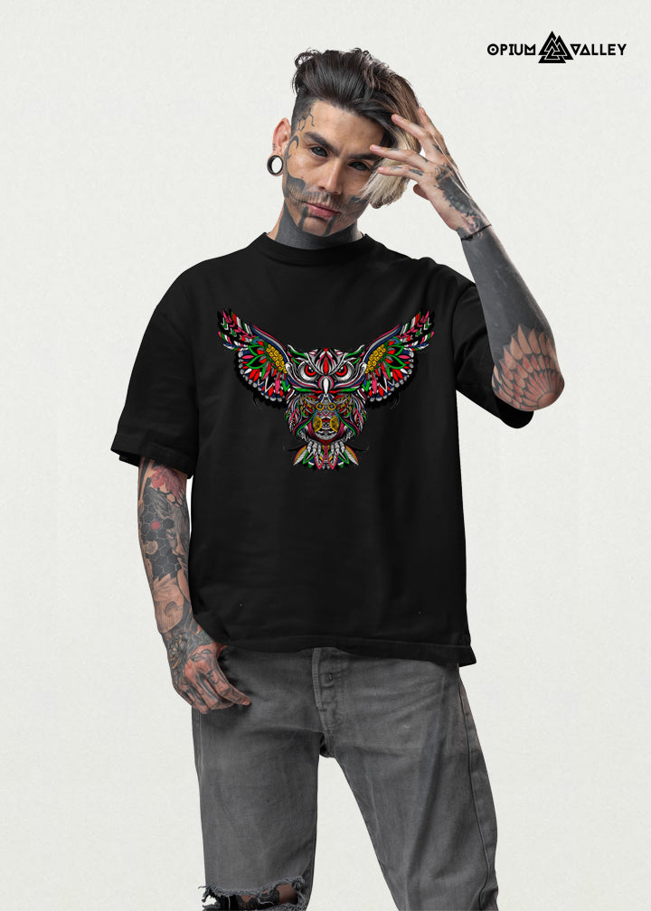 Psychedelic owl printed oversized black T-shirt with colorful trippy design, unisex spiritual streetwear from Opiumvalley India