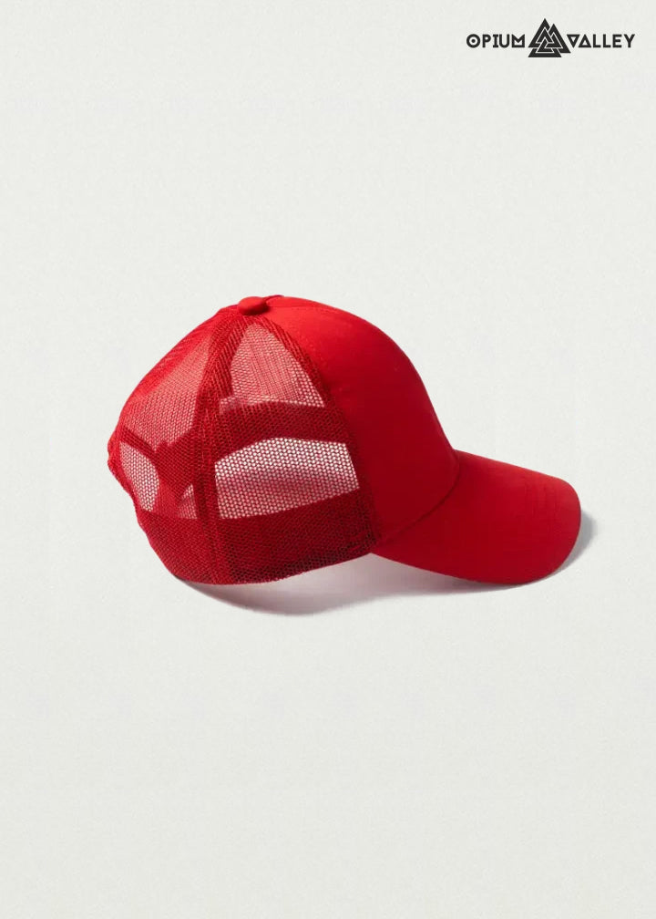 Red Opiumvalley trucker cap featuring breathable mesh, curved brim, and streetwear styling.