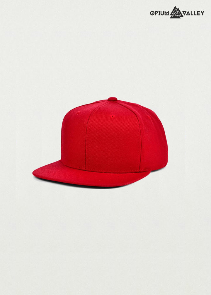 Red snapback cap featuring bold psychedelic artwork and streetwear styling – Opiumvalley headwear collection