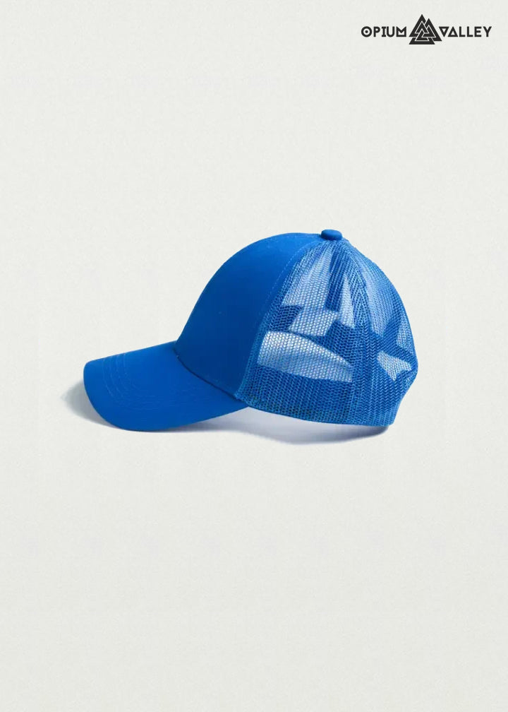 Royal blue mesh-back trucker cap with snapback fit – bold psychedelic design by Opiumvalley.