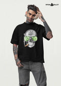 Psychedelic skull weed printed oversized black T-shirt with cannabis leaves and smoking design, unisex streetwear from Opiumvalley India