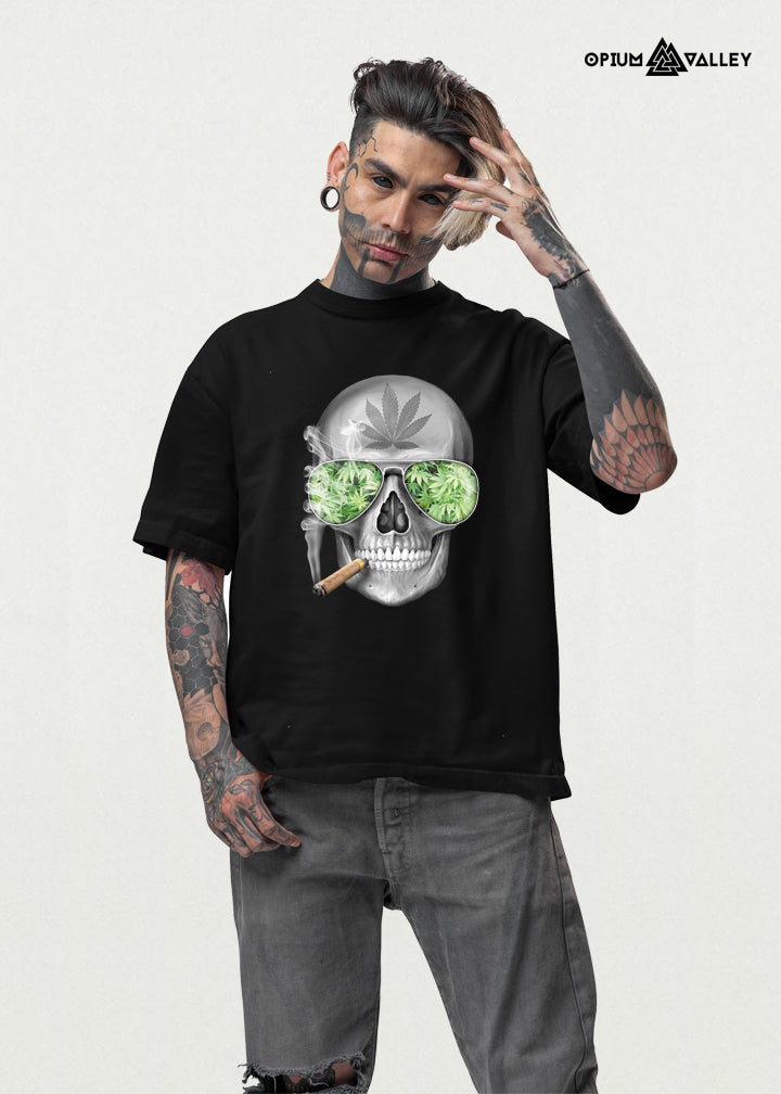 Psychedelic skull weed printed oversized black T-shirt with cannabis leaves and smoking design, unisex streetwear from Opiumvalley India