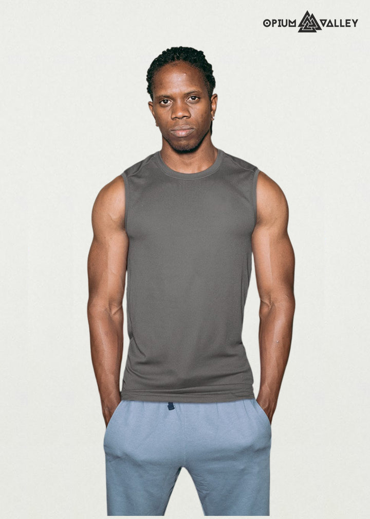 Stylish Charcoal Melange Sleeveless Gym Vest Plain T-shirt for Men – Premium Workout Tank at opiumvalley
