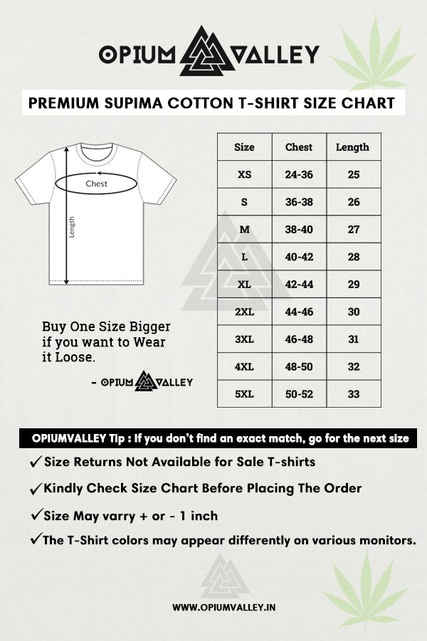 Premium Supima cotton T-shirt size chart for men  and made in India by Opium Valley