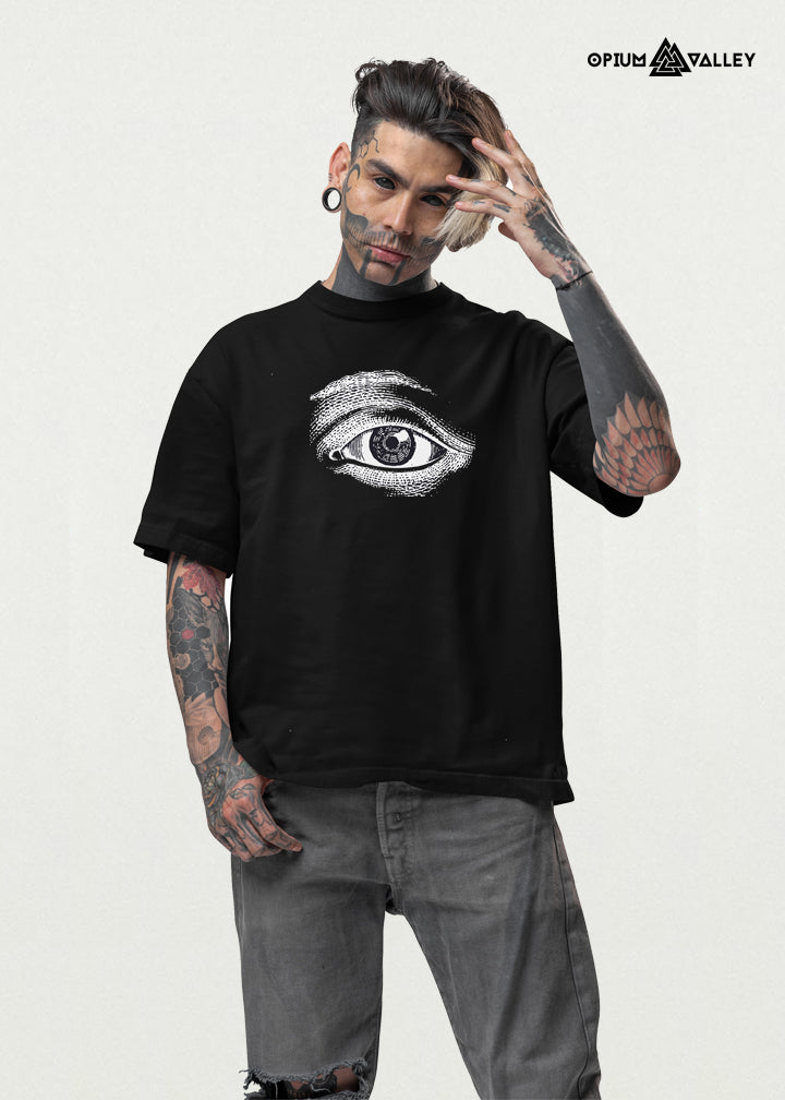 Psychedelic Third Eye oversized T-shirt with spiritual trippy print, unisex streetwear tee from Opiumvalley India