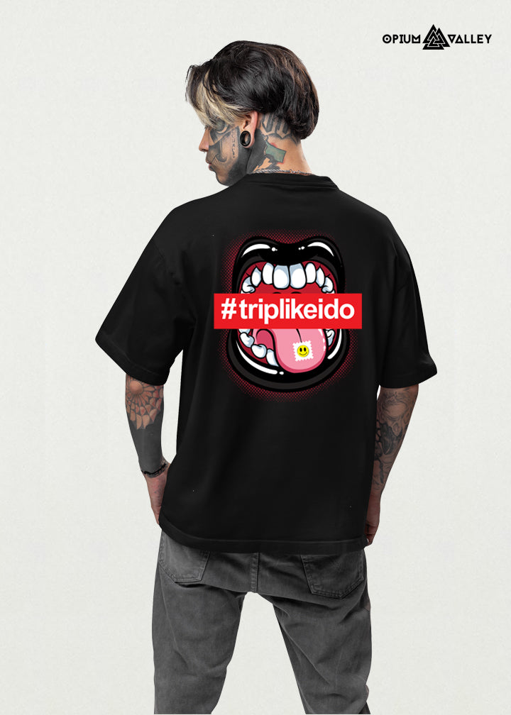 TripLikeIDo psychedelic oversized T-shirt back view with bold open mouth tab design, trippy streetwear from Opiumvalley India
