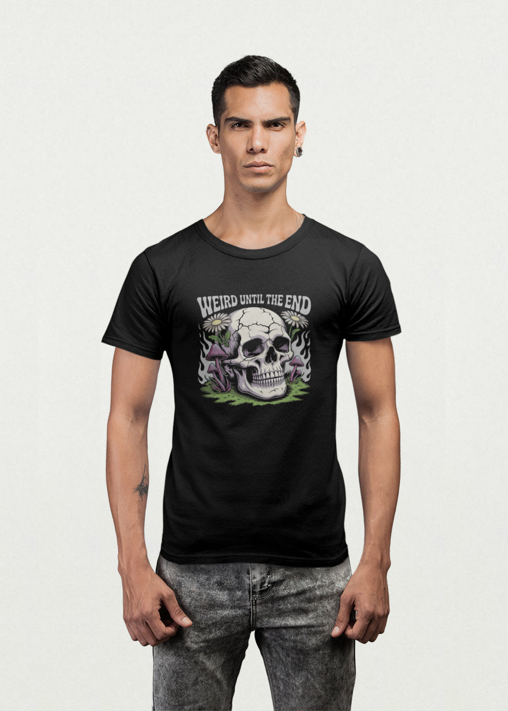 Black shirt with “Weird Until The End” text, featuring trippy mushroom and floral graphic design – unisex gothic streetwear for men and women from Opium Valley.