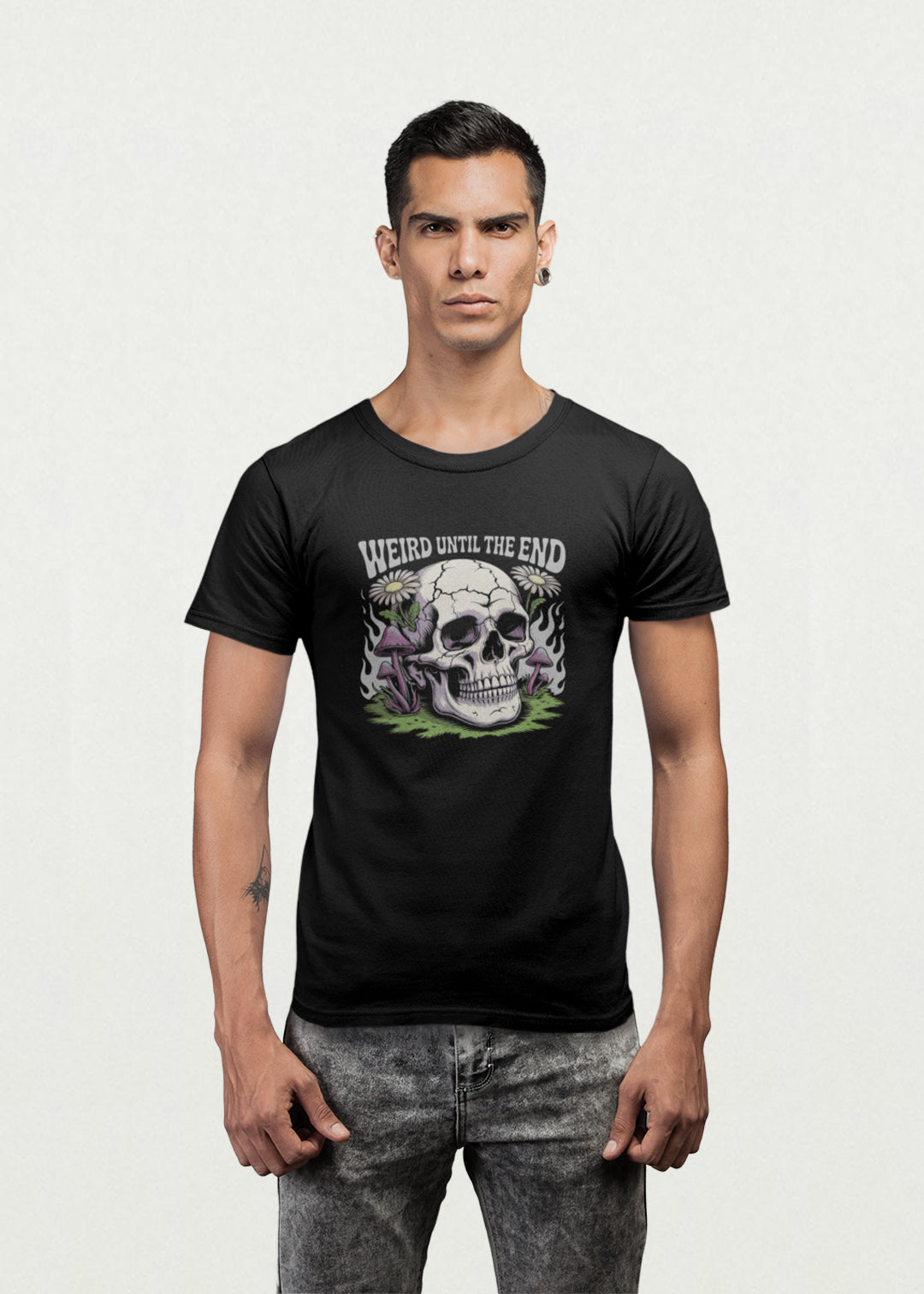 Black shirt with “Weird Until The End” text, featuring trippy mushroom and floral graphic design – unisex gothic streetwear for men and women from Opium Valley.