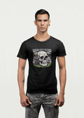 Black shirt with “Weird Until The End” text, featuring trippy mushroom and floral graphic design – unisex gothic streetwear for men and women from Opium Valley.