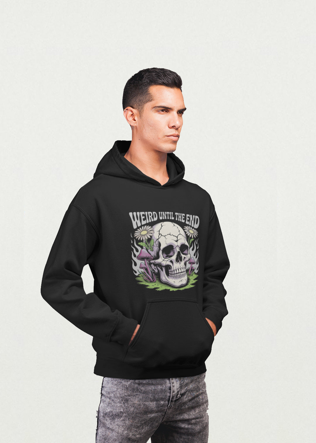 Black hoodie psychedelic skull t-shirt with “Weird Until The End” text, featuring trippy mushroom and floral graphic design – unisex gothic streetwear for men and women from Opium Valley.