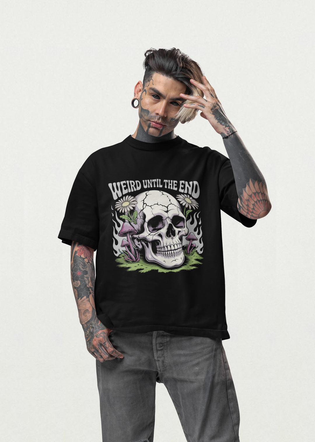 Oversized Black shirt with “Weird Until The End” text, featuring trippy mushroom and floral graphic design – unisex gothic streetwear for men and women from Opium Valley.