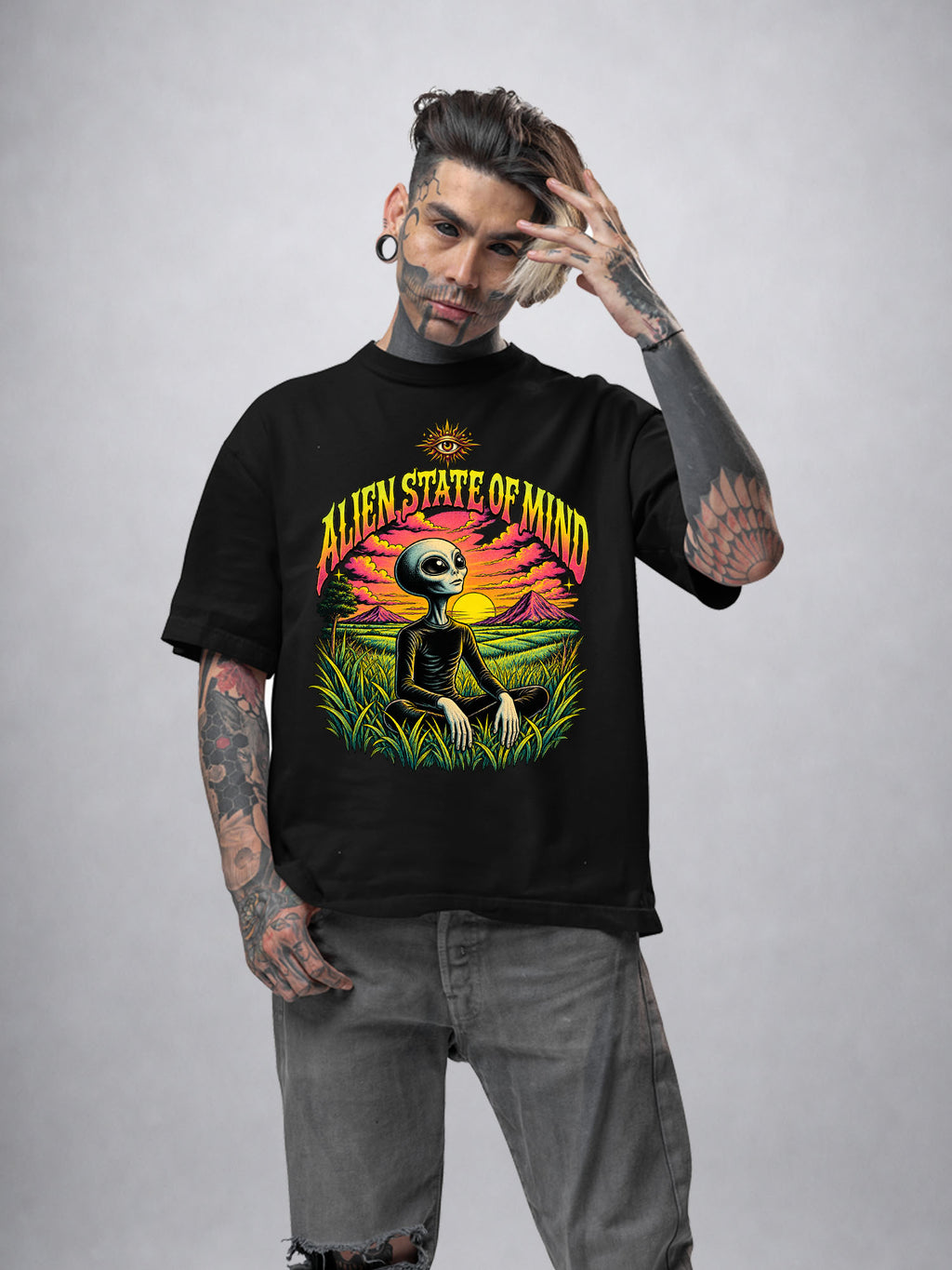 Alien State of Mind psychedelic oversized T-shirt with trippy alien meditation artwork