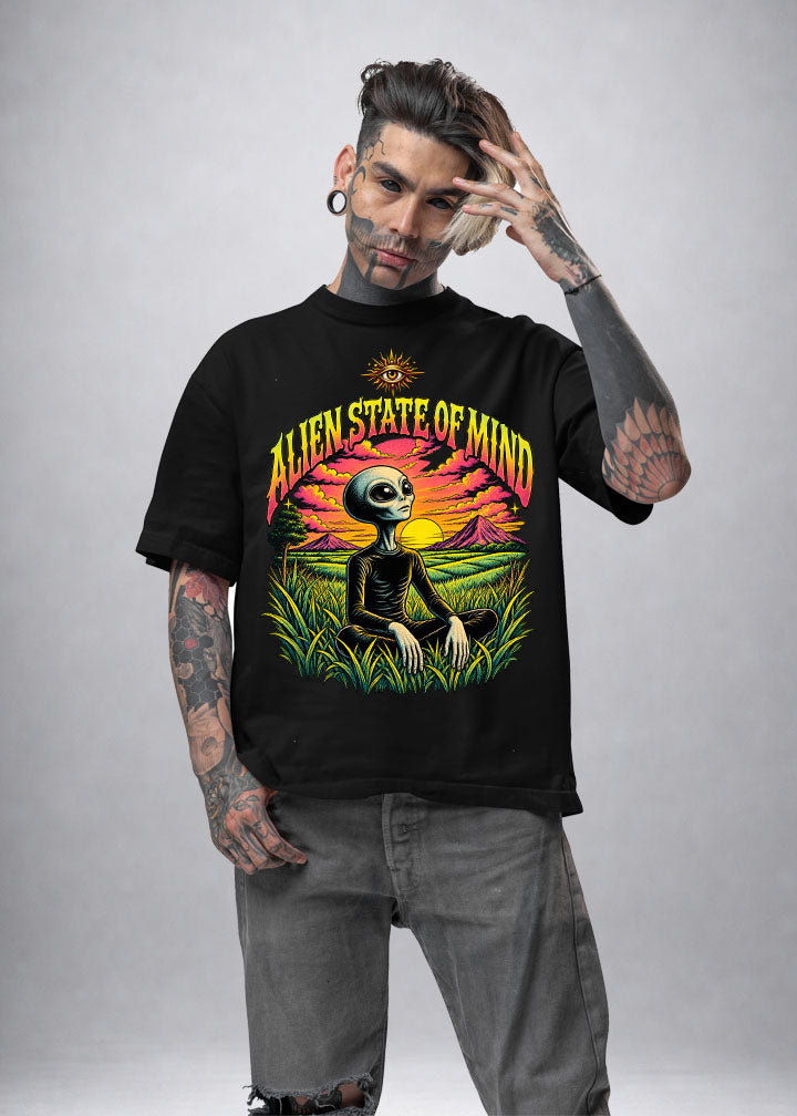 Alien State of Mind psychedelic oversized T-shirt with trippy alien meditation artwork