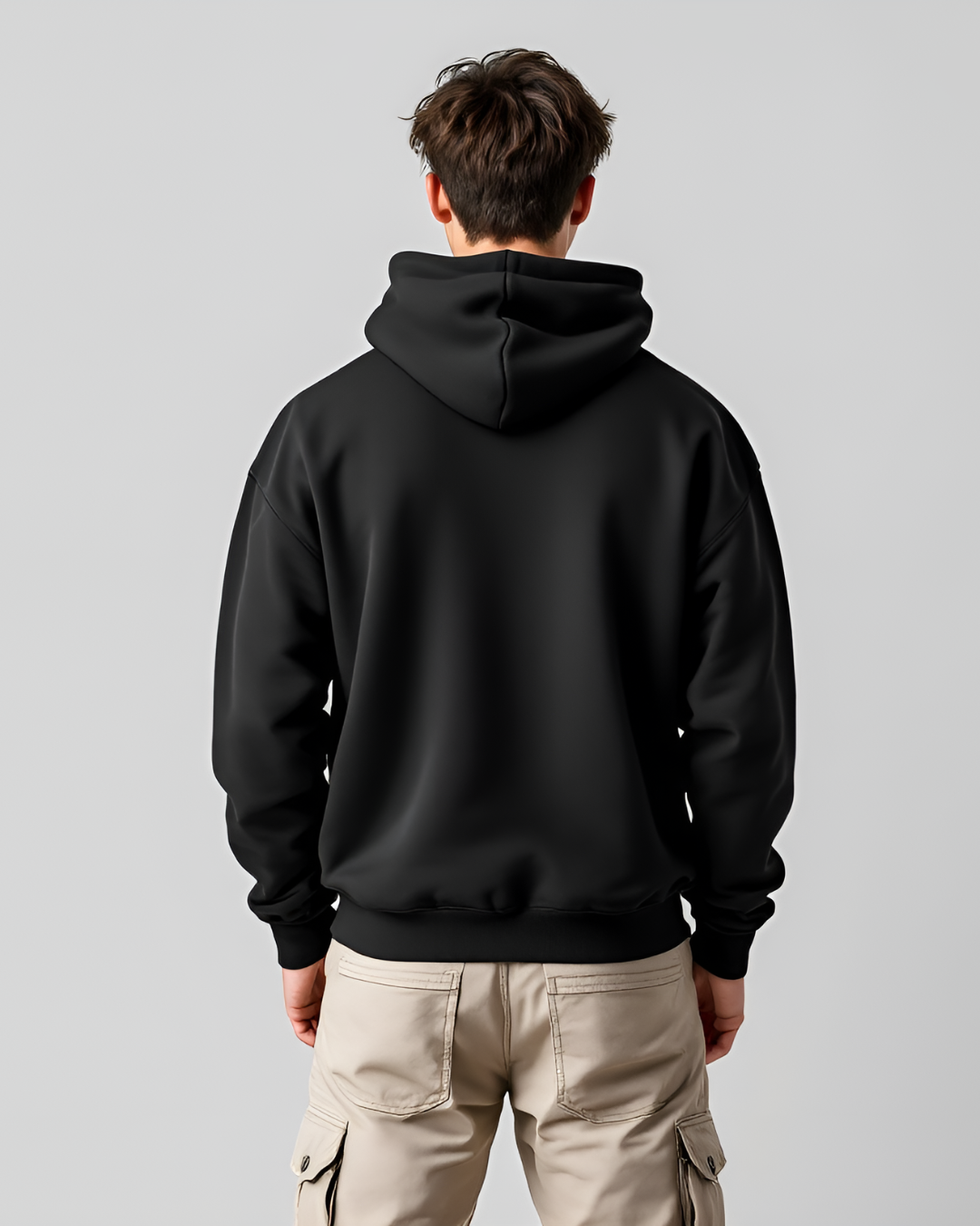 Comfortable black oversized hoodie with a stylish high neck and full sleeves, crafted from a premium cotton-polyester blend for casual layering