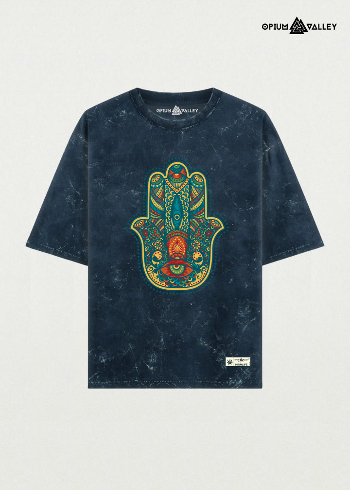 Hamsa Hand psychedelic graphic on acid washed oversized t-shirt by Opiumvalley