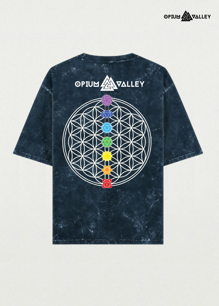Vintage acid wash oversized streetwear t-shirt with colorful Hamsa hand design