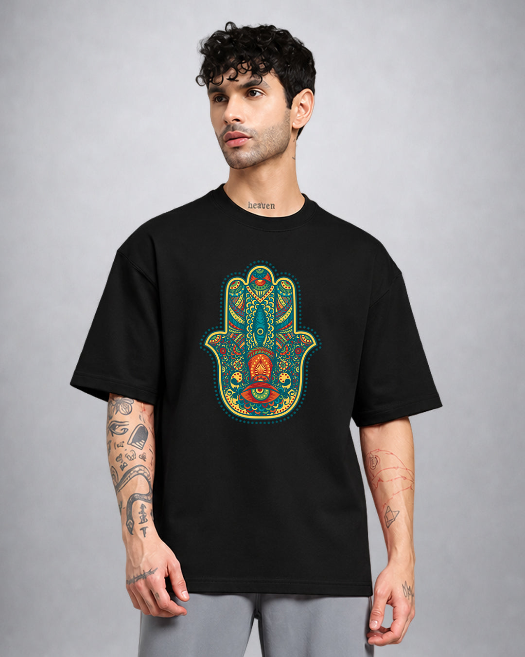 Hamsa psychedelic T-shirt in oversized fit with mystical third-eye trippy artwork