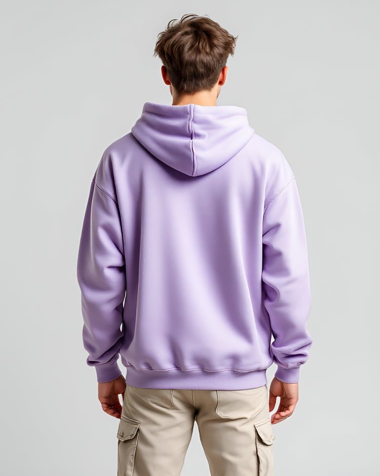 Heavyweight lavender oversized hoodie, 400 GSM fabric, full sleeves, and high neck design, ideal for casual outings or trendy streetwear looks.