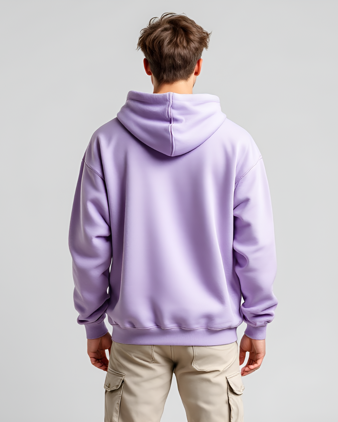 Heavyweight lavender oversized hoodie, 400 GSM fabric, full sleeves, and high neck design, ideal for casual outings or trendy streetwear looks.