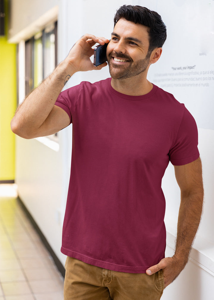 Men’s maroon Supima cotton T-shirt – premium quality, fade-resistant, breathable and made in India at Opium Valley
