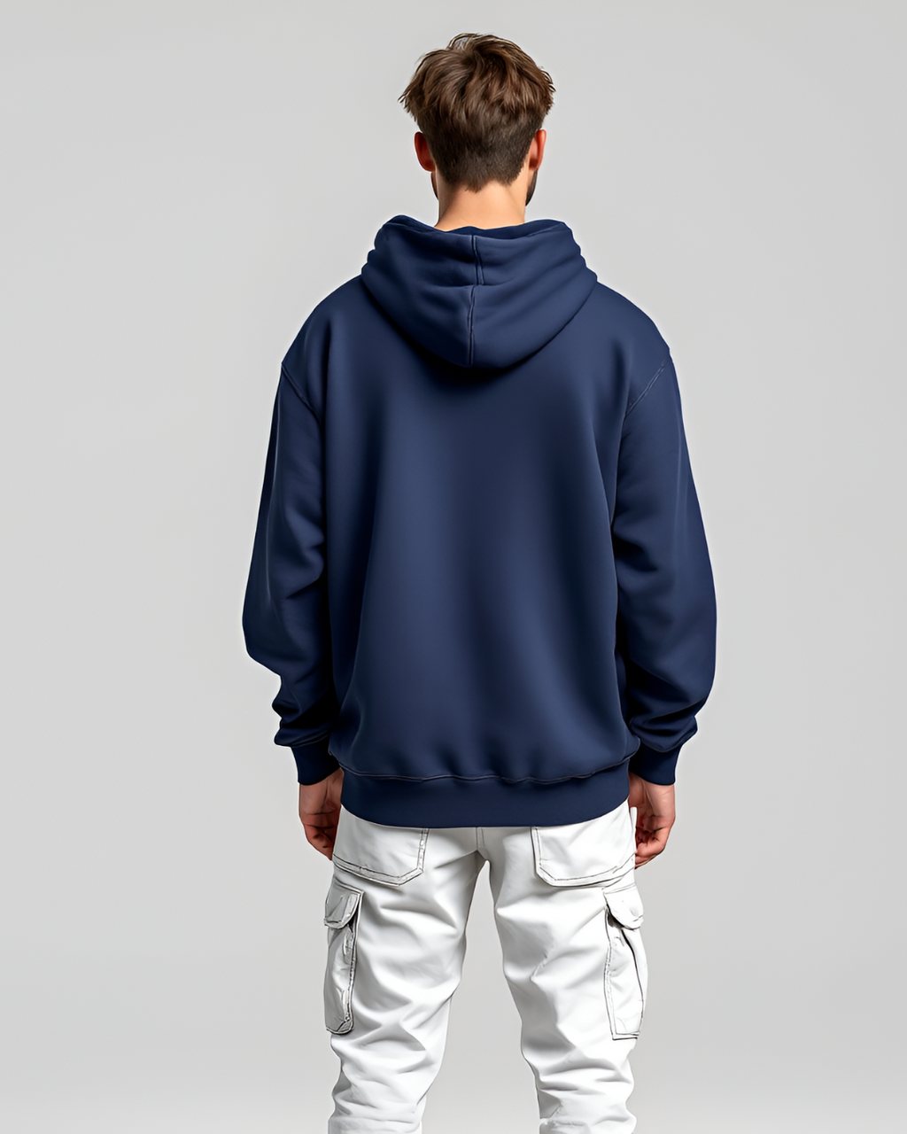 classic navy blue oversized hoodie with 400 GSM fabric, high neck, and full sleeves, offering a perfect mix of warmth, comfort, and style.