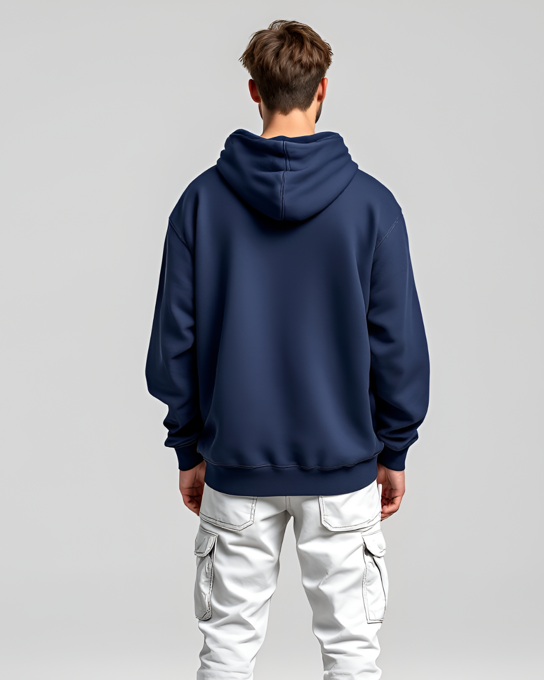 classic navy blue oversized hoodie with 400 GSM fabric, high neck, and full sleeves, offering a perfect mix of warmth, comfort, and style.