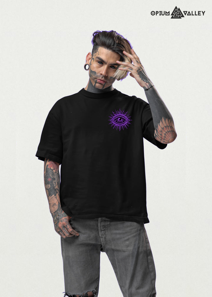 OPIUM TRIP VISION oversized t shirt front design with psychedelic streetwear aesthetic, premium 240 GSM French Terry oversized tee in black