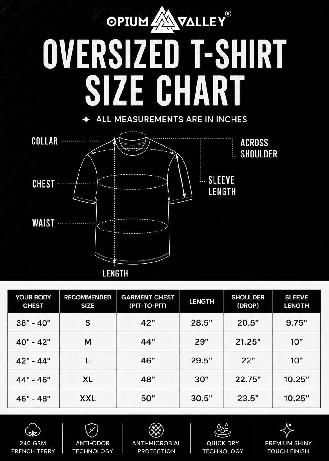 OPIUM VALLEY oversized t shirt size chart infographic featuring 240 GSM French Terry oversized tee measurements, anti-odor technology, anti-microbial protection, and premium streetwear fit guide for men and women in India