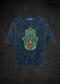 Hamsa Hand psychedelic graphic on acid washed oversized t-shirt by Opiumvalley