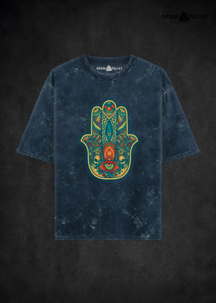 Hamsa Hand psychedelic graphic on acid washed oversized t-shirt by Opiumvalley